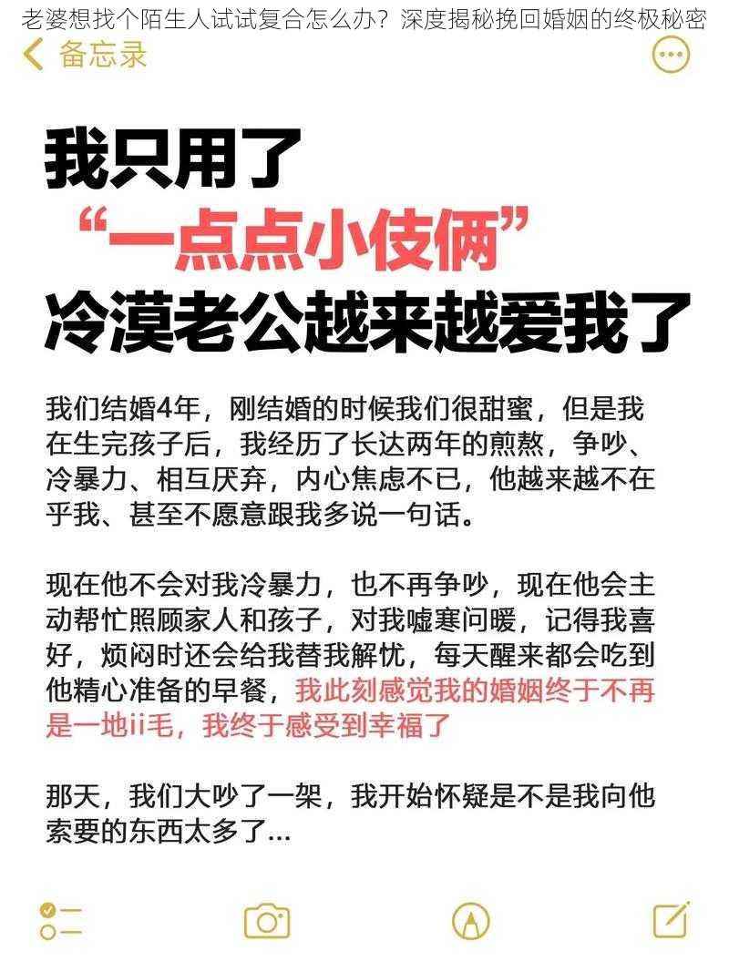 老婆想找个陌生人试试复合怎么办？深度揭秘挽回婚姻的终极秘密